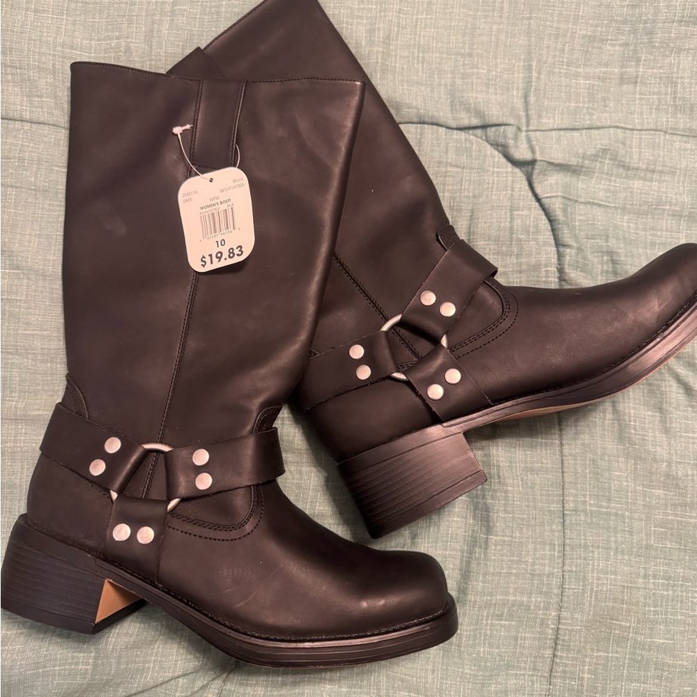 No Boundaries Black Mid-Calf Harness Heeled Boots